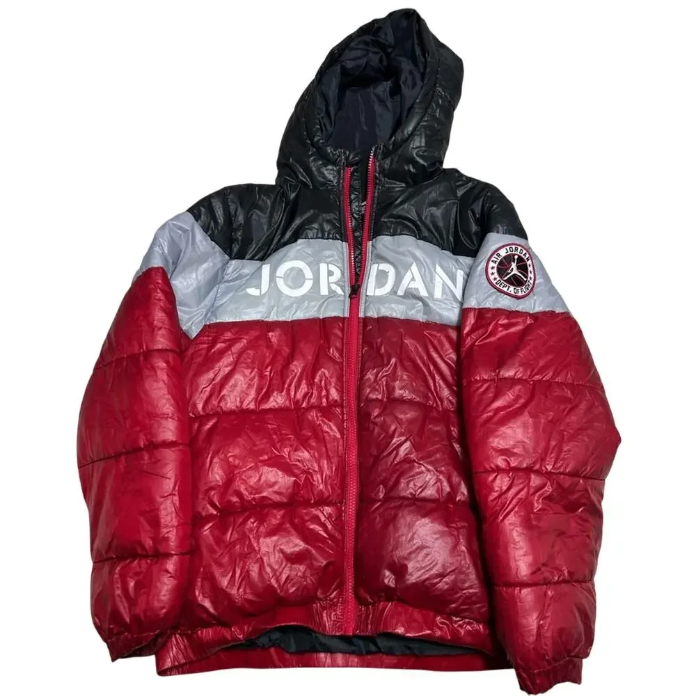 Nike Flight Air Jordan Hooded Puffer Jacket Coat Black Red Gray Size Youth XL